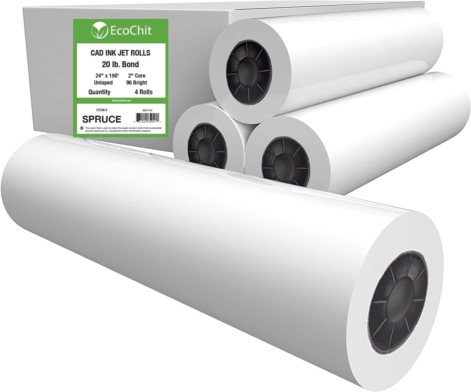 24 x 150 Plotter Paper Rolls 4 Pack 92 Bright 20lb 2 Inch Core