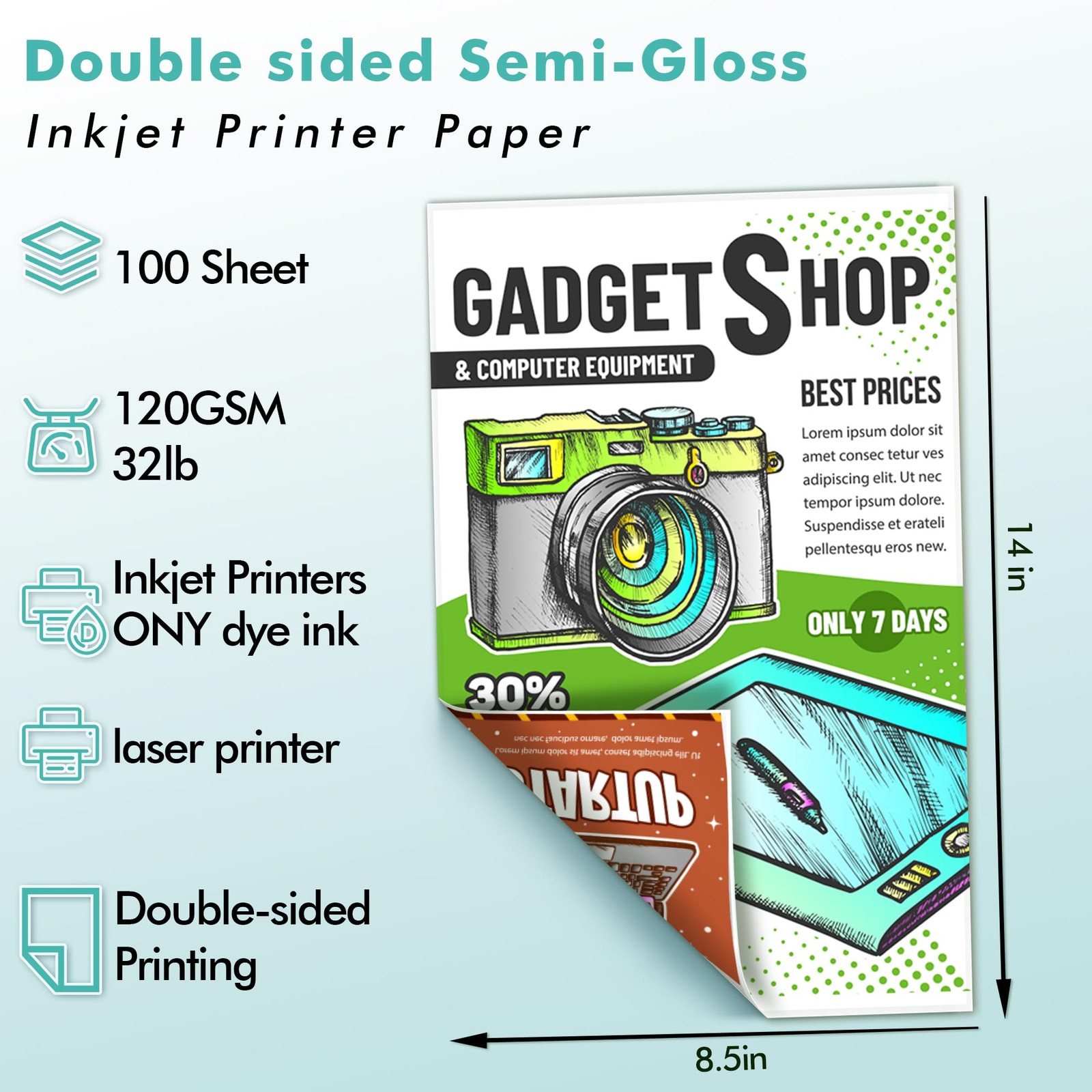 100 PCS Thin Double Sided SemiGloss Photo Paper 8.5×14 Inch Legal 32LB
