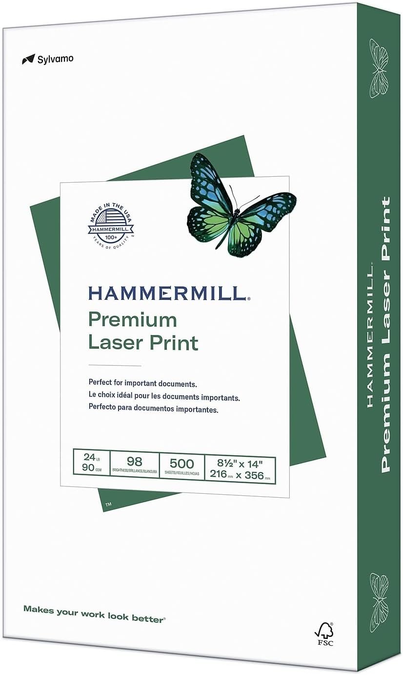 Sustainable 24 lb Legal Size Printer Paper, 500 Sheets, 98 Brightness – USA Made