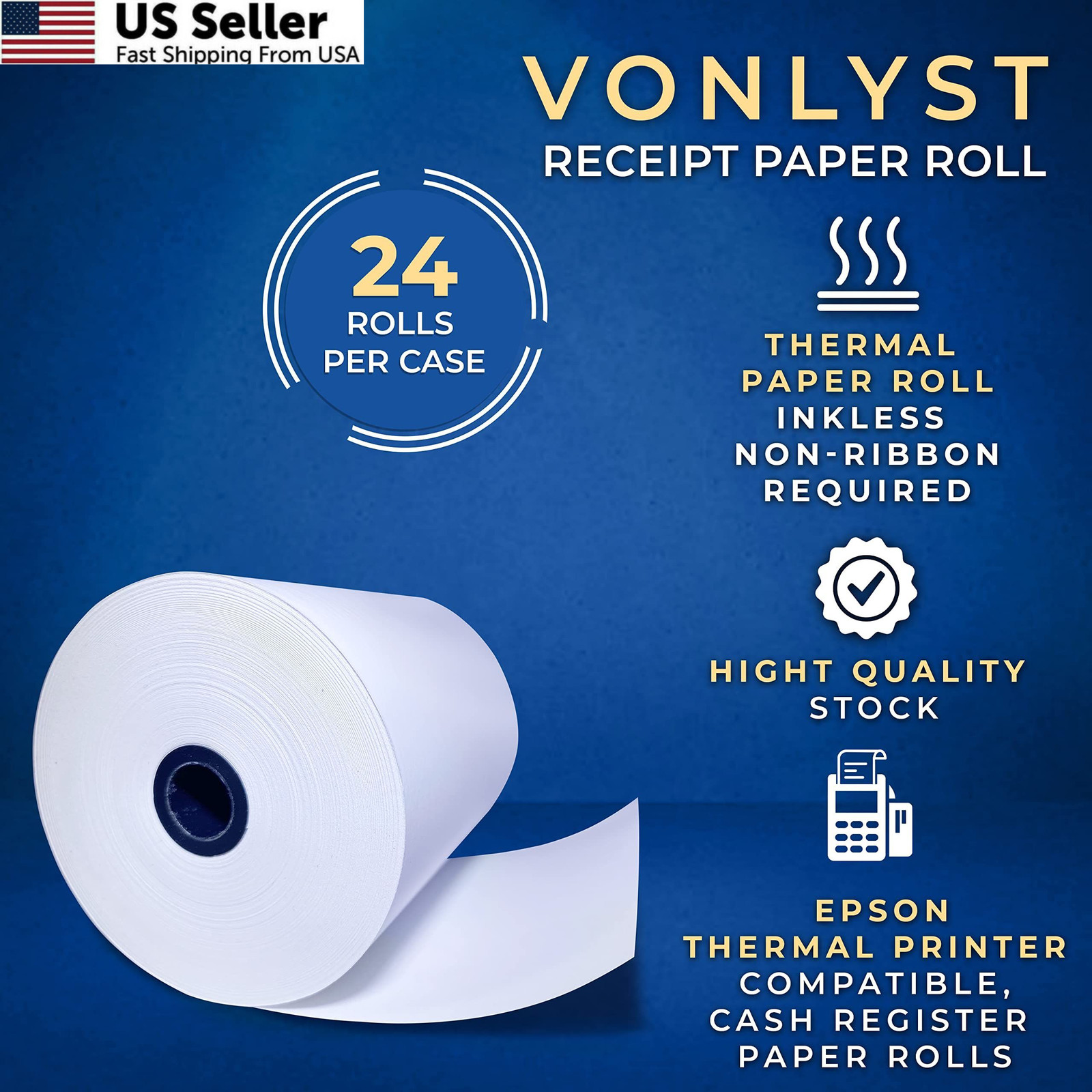3 1/8 x 230 Thermal POS Rolls for 24 rolls, White Paper Black Image