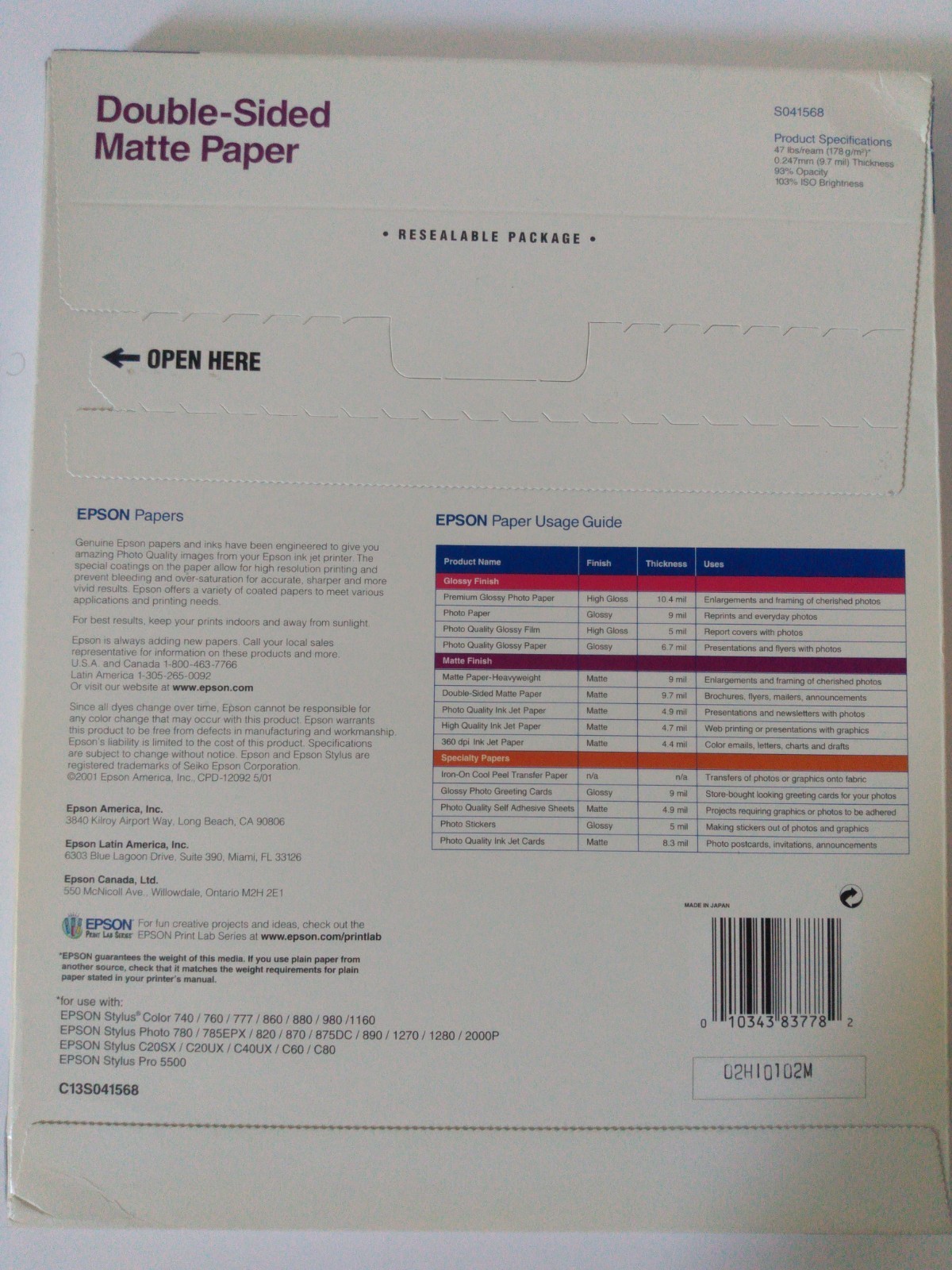NEW Epson Photo Quality Inkjet Paper Double-Sided Matte 8.5×11 S041568 50 sheets