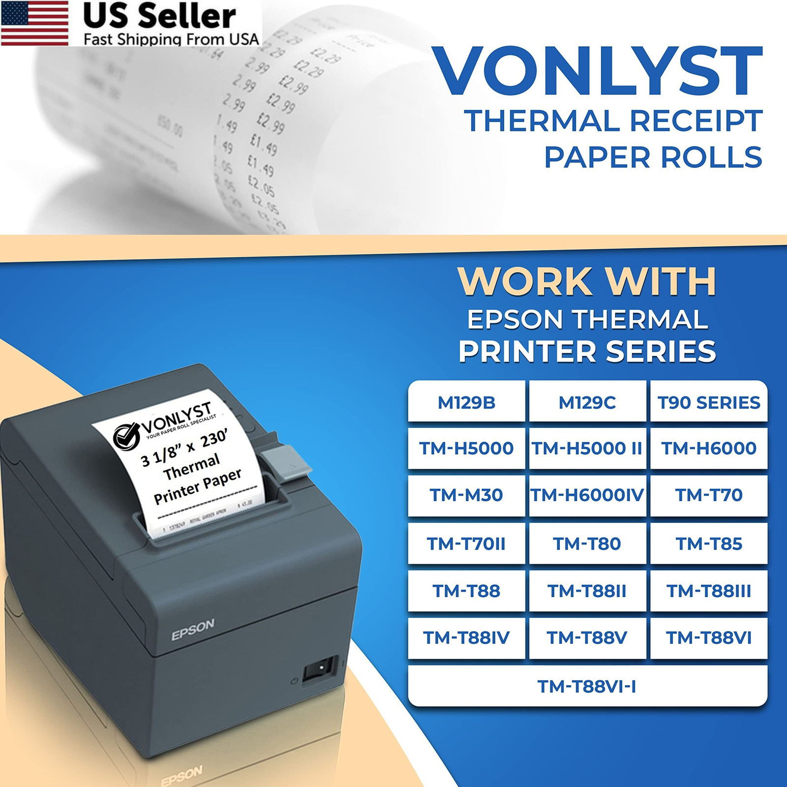 3 1/8 x 230 Thermal POS Rolls for 24 rolls, White Paper Black Image