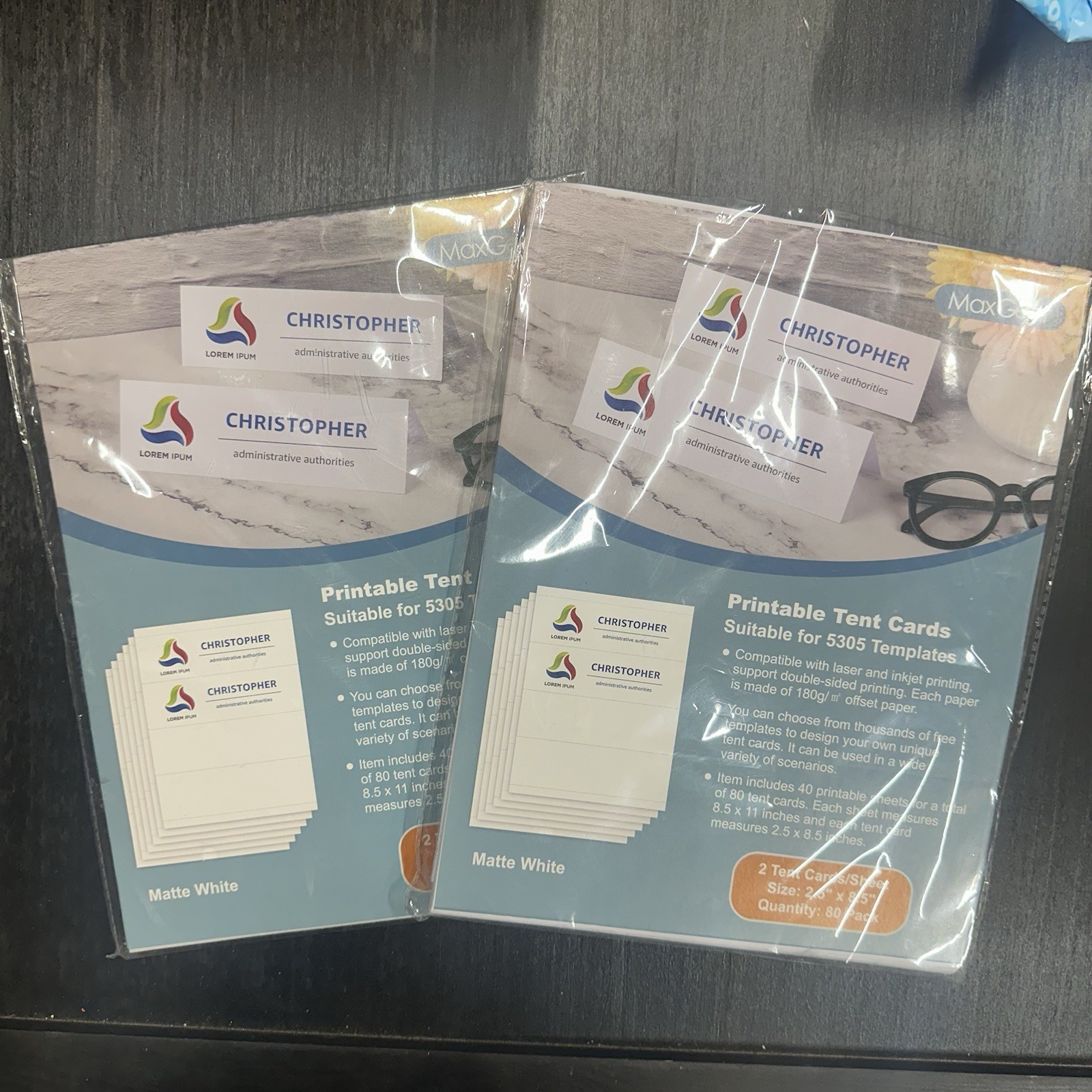 2 X MaxGear Printable Tent 80 Card 2.5” X 8.5” 40 Sheets Matte White Temp. 5305