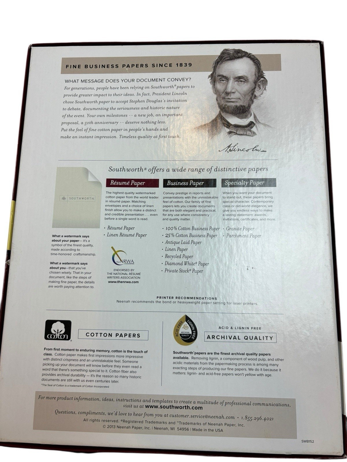 Southworth 100% Cotton 24 lb White Resumé Paper 8.5″ x 11″ Watermarked 90 Sheets