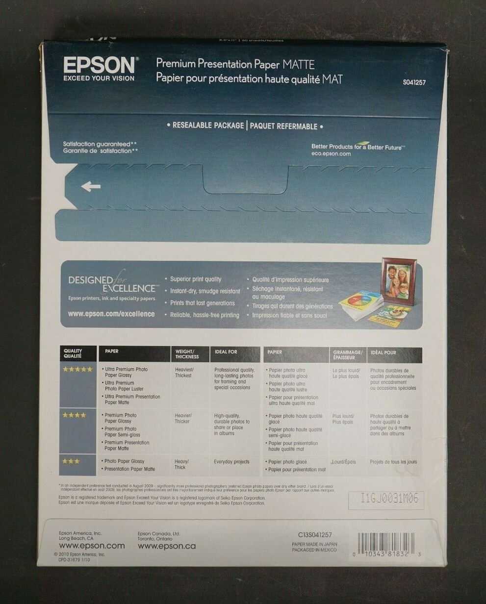 Epson Premium Presentation Paper Matte 8.5″ x 11″ 50 Sheets S041257