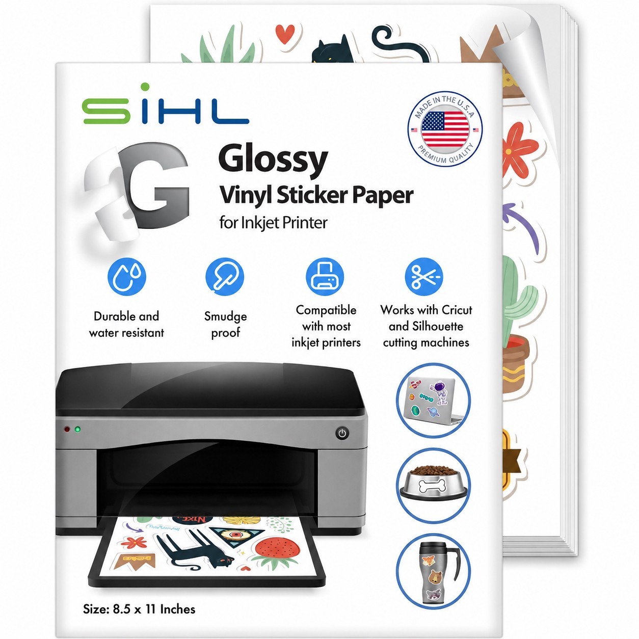 SIHL Premium Printable Glossy Vinyl Sticker Paper for Inkjet 20 Sheets 8.5″x11″