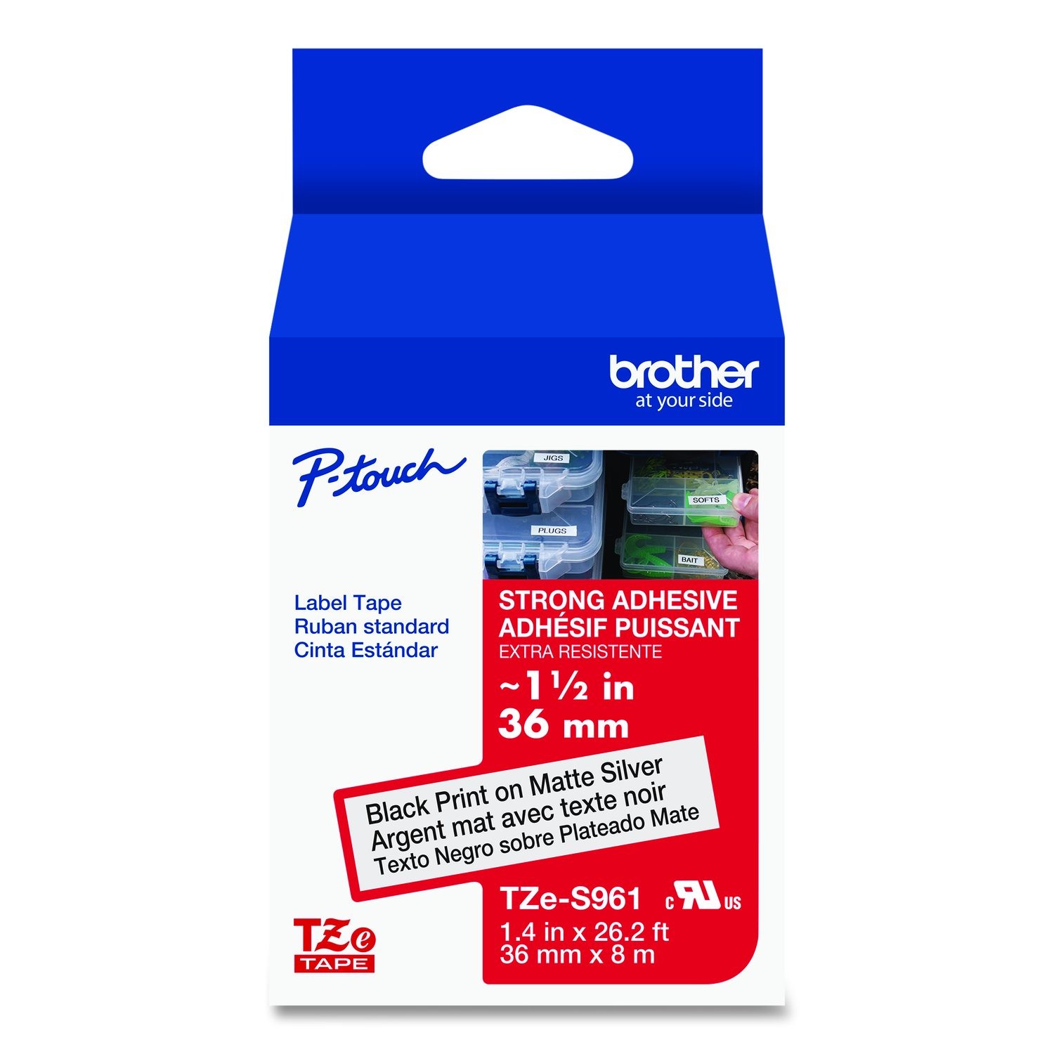 Brother TZE-S961 36mm Black on Matte Silver Tape w/ Extra Strength Adhesive, 8m