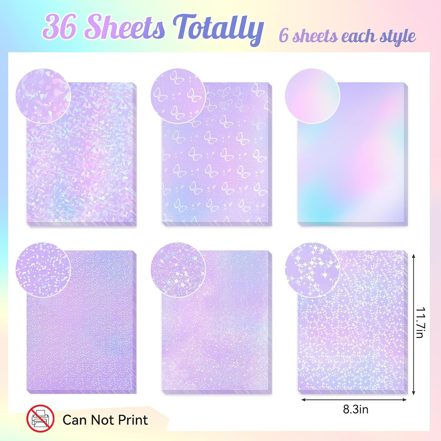 36 Sheets Holographic Sticker Paper 8.3 X 11.7 Inch A4 Size Holographic Laminate