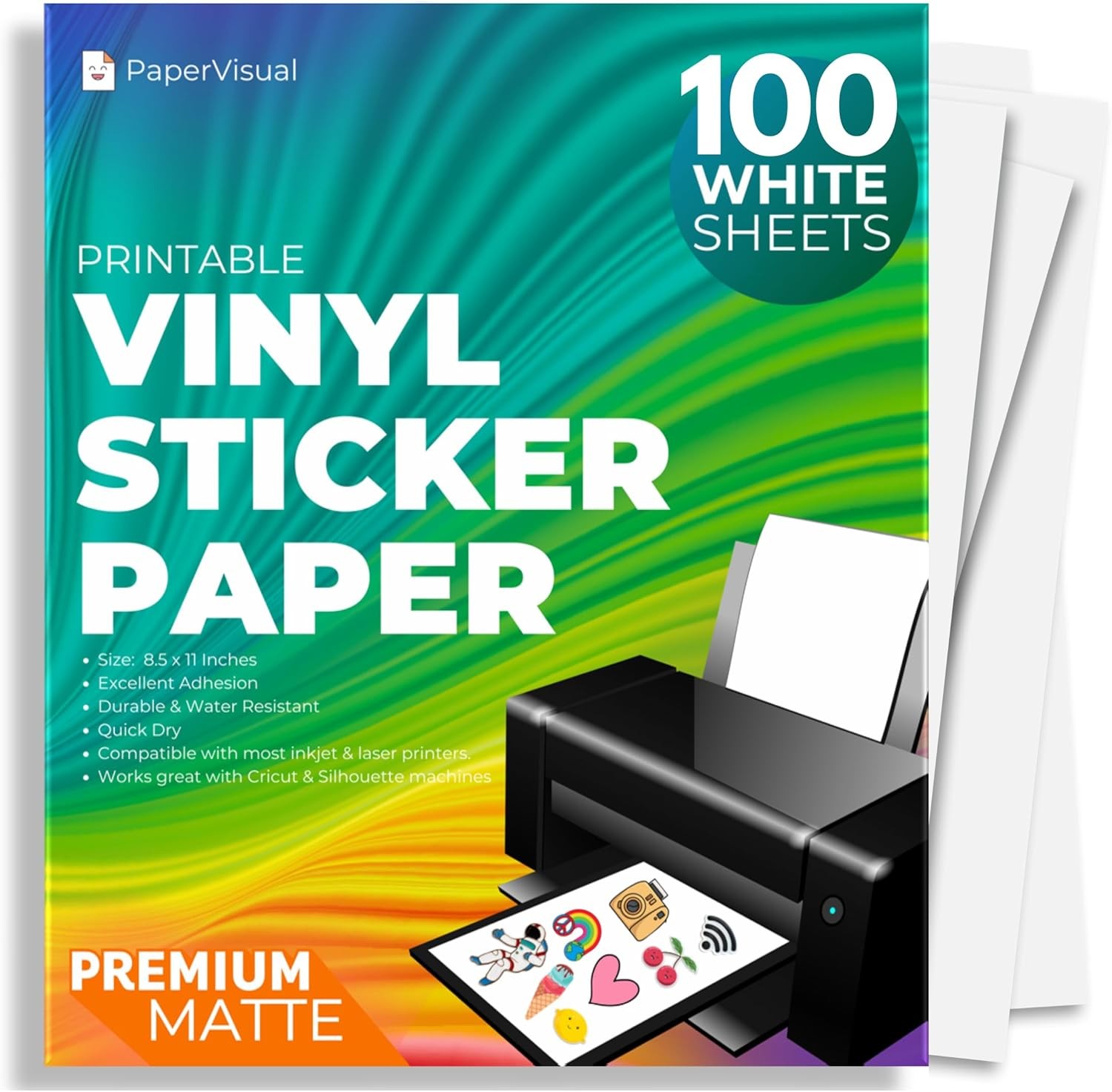 Premium Printable Vinyl Sticker Paper for Inkjet and Laser Printer – 100 Whit…