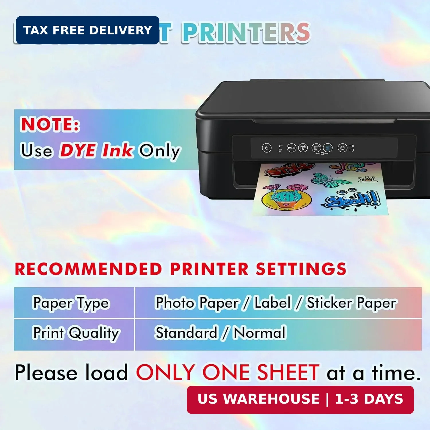 Koala Holographic Sticker Paper for Inkjet Printer – 20 Sheets 8.5×11 Inch, Rain