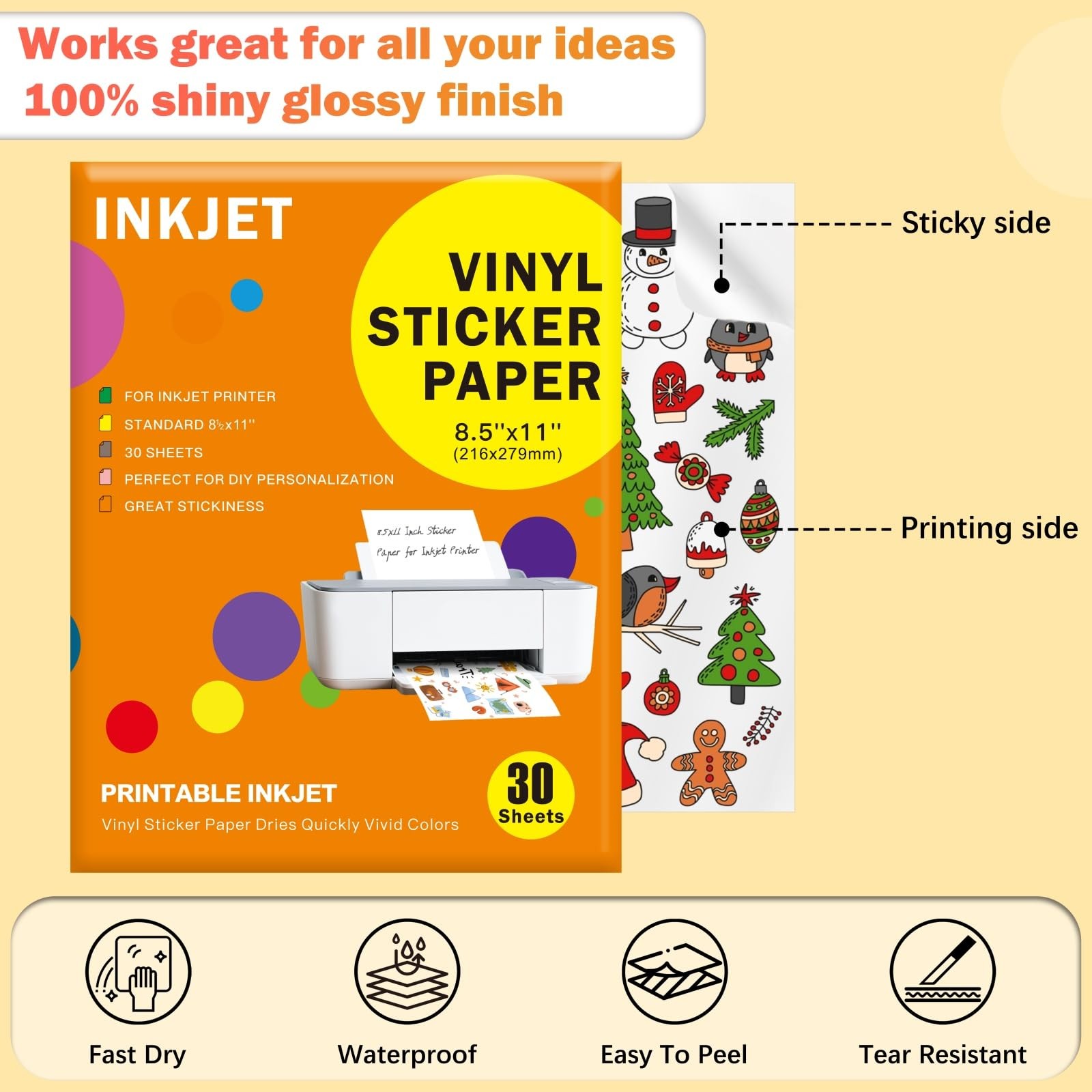 30 Sheets Premium Printable Vinyl Sticker, Vinyl Glossy White Waterproof Stic…