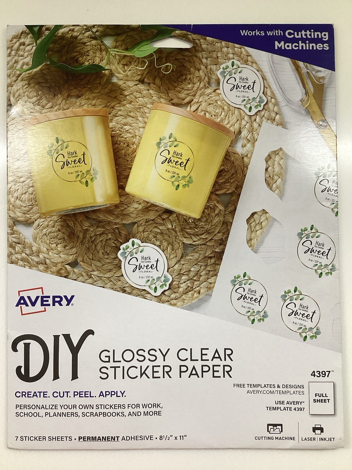 Avery DIY Glossy Clear Sticker Paper #4397 8 1/2” x11” 7 Sheets Laser/Inkjet