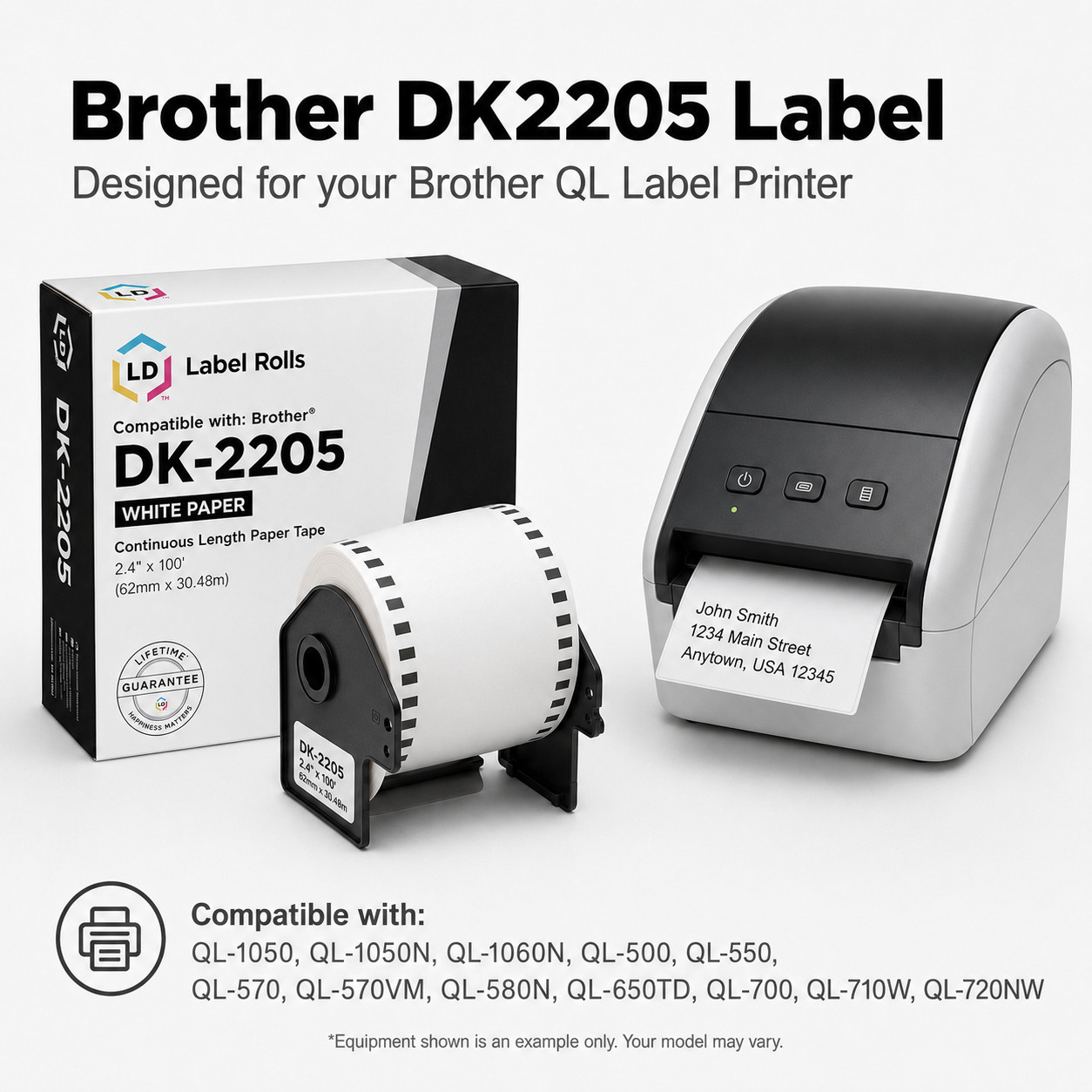 White Paper Tape for Brother DK-2205 (2.4 inch x 100 feet, White, 10-Pk)