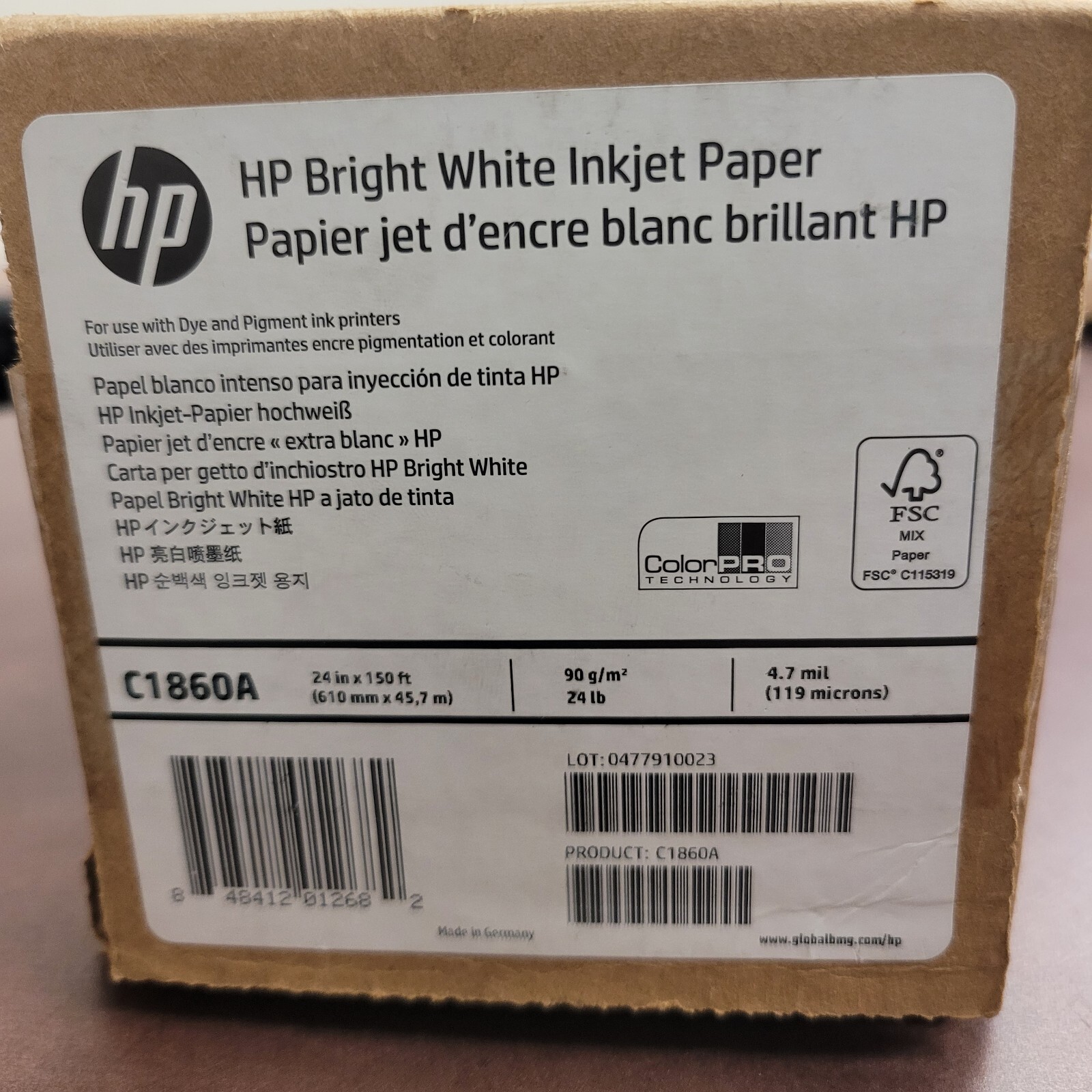 HP Bright White Inkjet Paper (24″x150′ Roll) C1860A 24 lb DesignJet ~ New In Box