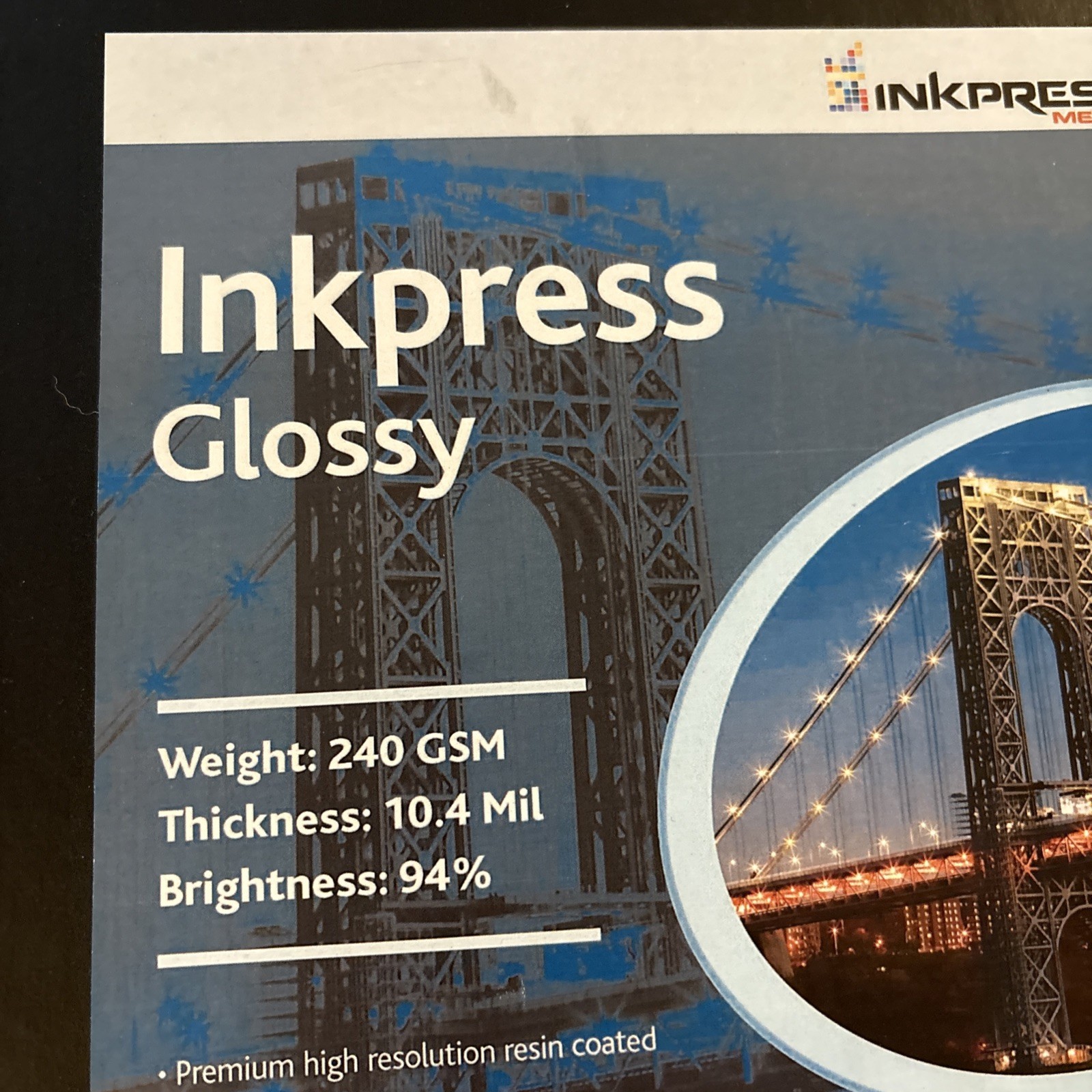 Inkpress Glossy, Single Sided Gloss Surface Inkjet Paper, 240gsm, 10.4 mil., 11x