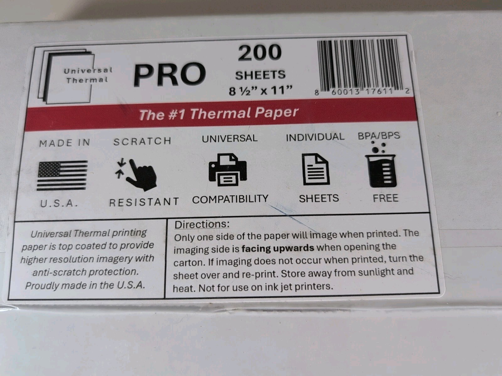 Universal Thermal Pro 8.5″ x 11″ Paper 200 Sheets Made in USA BPA/BPS Free