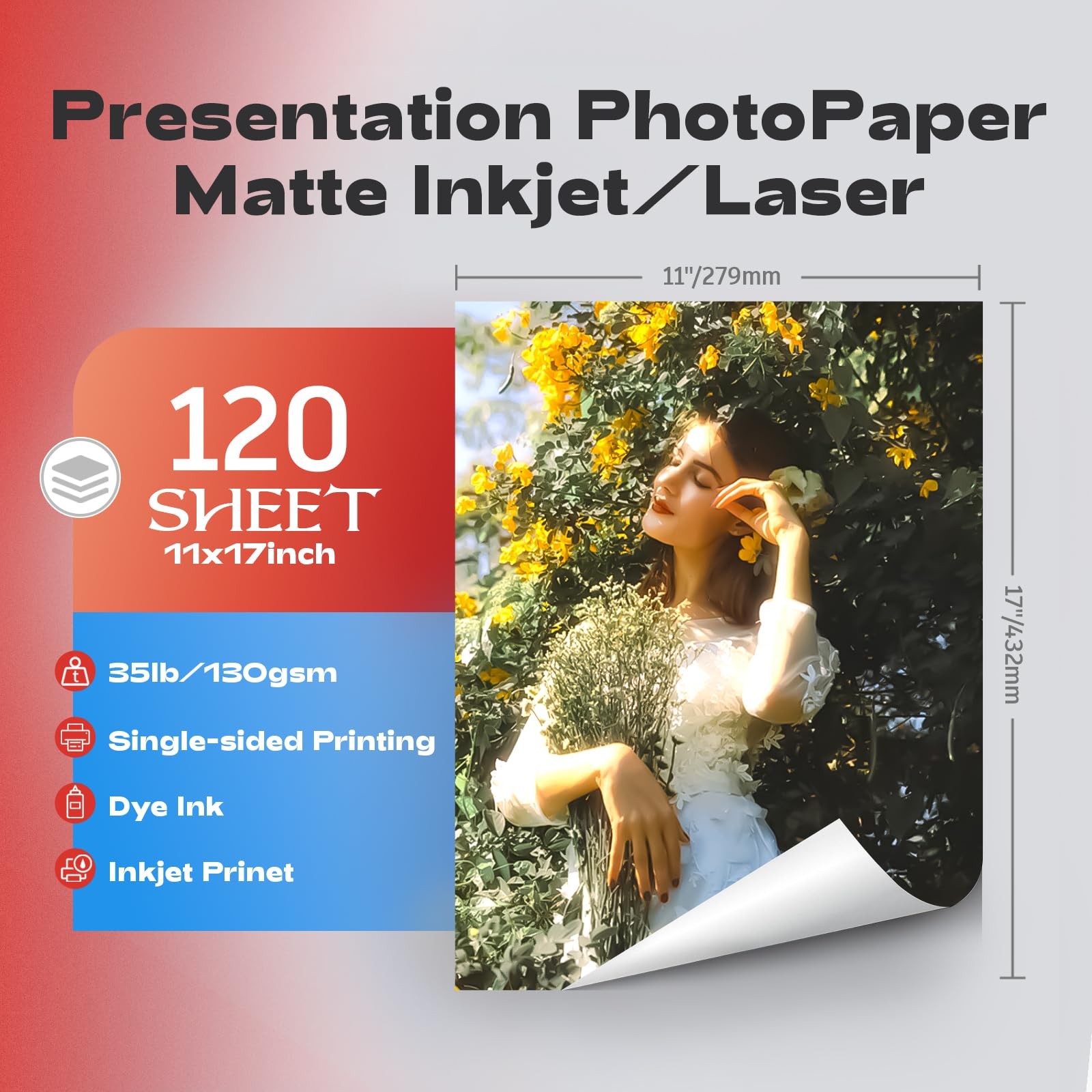 120 Sheets 11×17 Inch Thin Matte Presentation Photo Paper 35LB A3 Inkjet