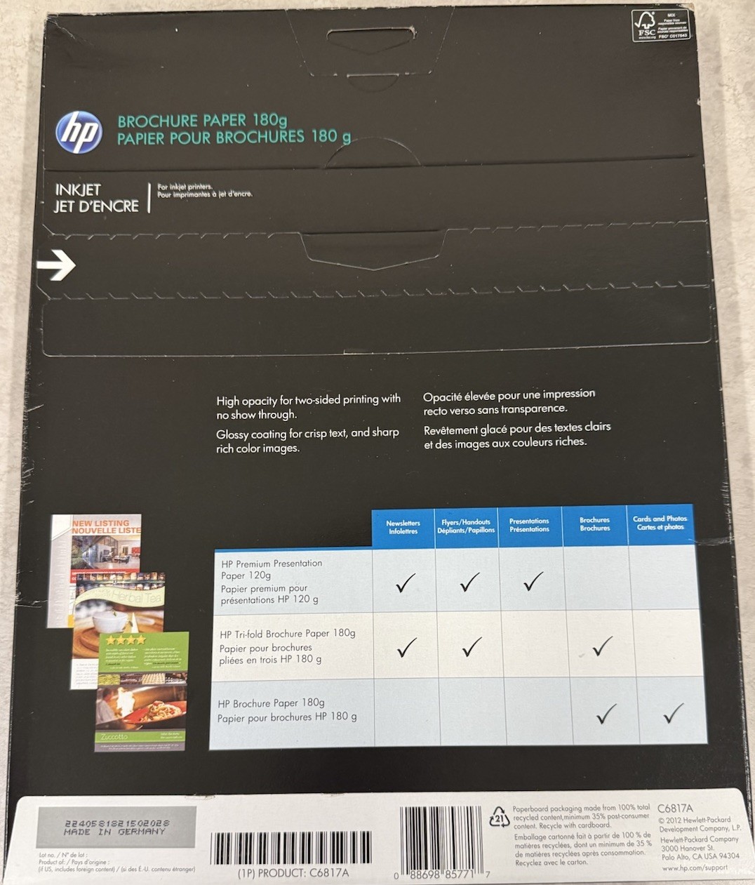 Hewlett Packard Brochure Paper C6817A 180g 48lbs Two sided Printing