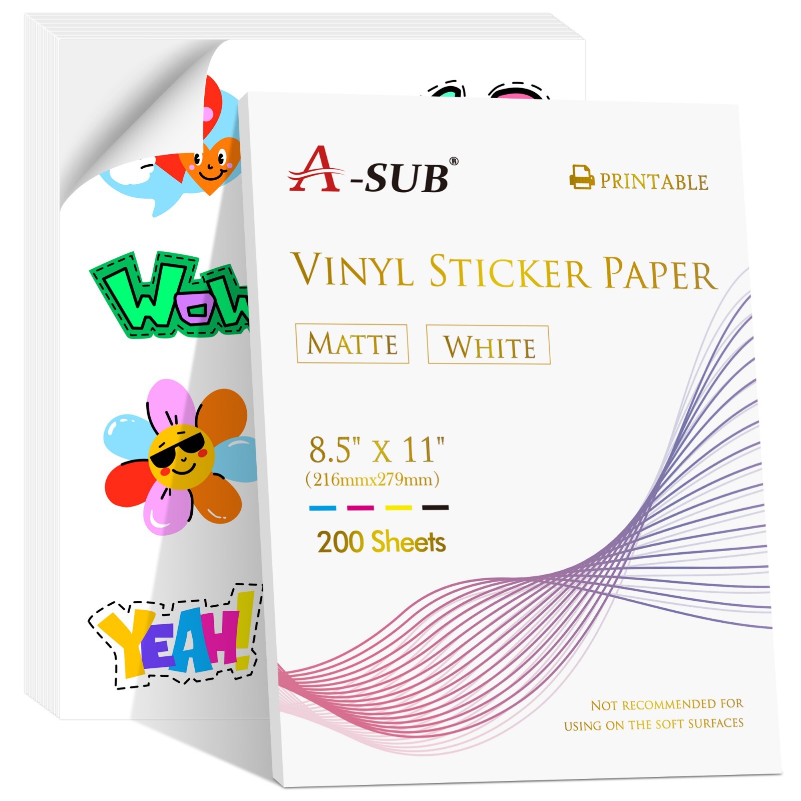 200 Sheets A-SUB Printable Vinyl Sticker Paper for Inkjet Waterproof Matte White