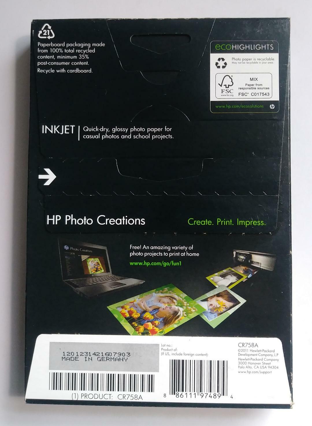 HP CR758A Printer Paper NEW SEALED 50 SHEETS 4X6 GLOSSY PHOTO PAPER