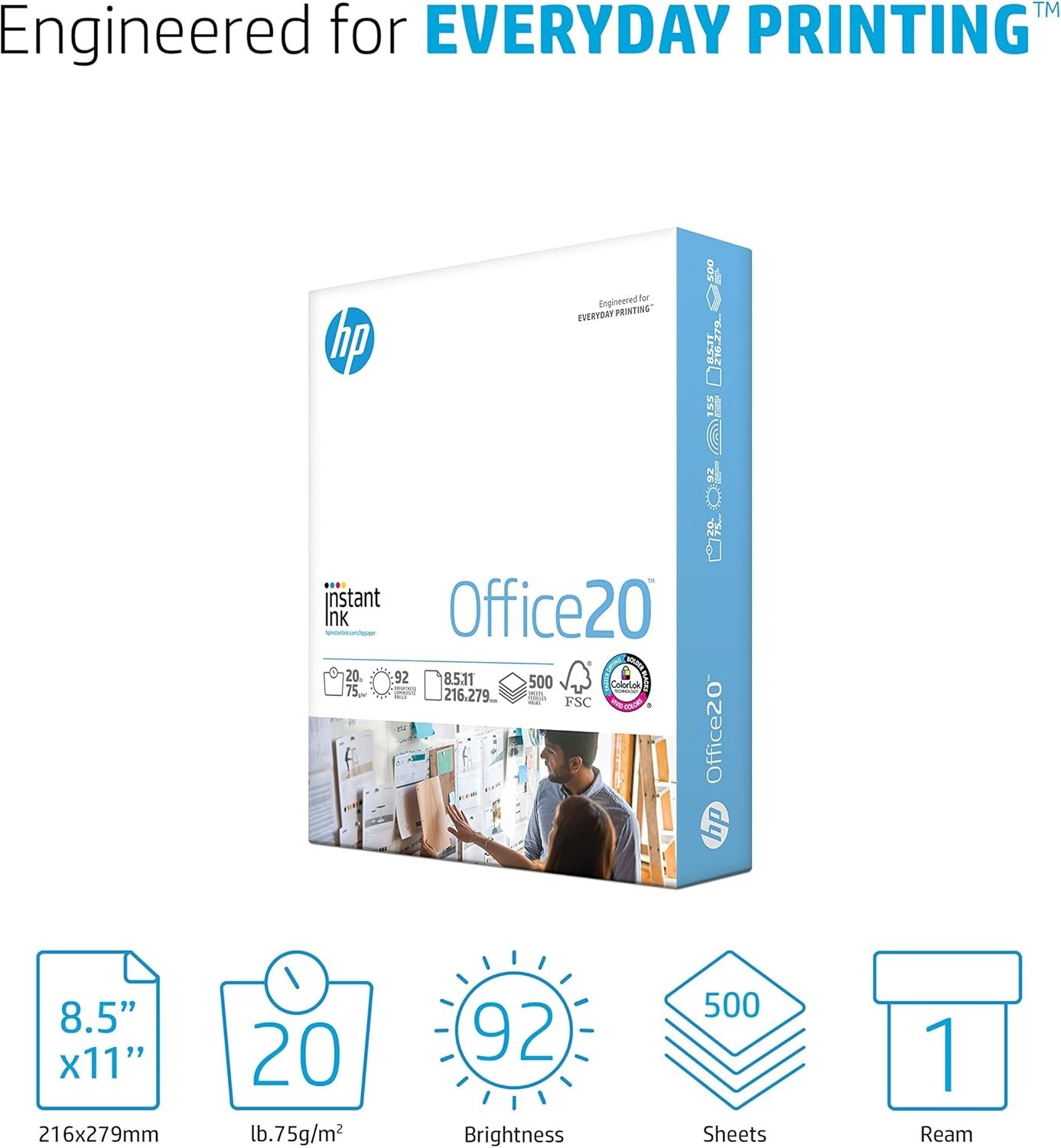HP Office20 Printer Paper, White Letter Size 8.5″ x 11″, One Ream / 500 Sheets