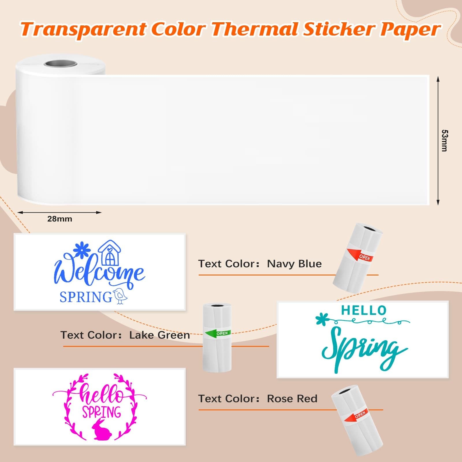 Transparent Sticker Paper 53x28mm Color Text 3 Rolls for Phomemo Printers