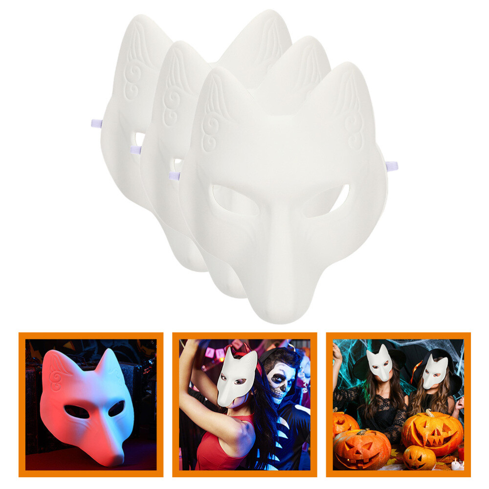 3pcs DIY Halloween Fox & Cat Masks – Paintable Kabuki Masquerade