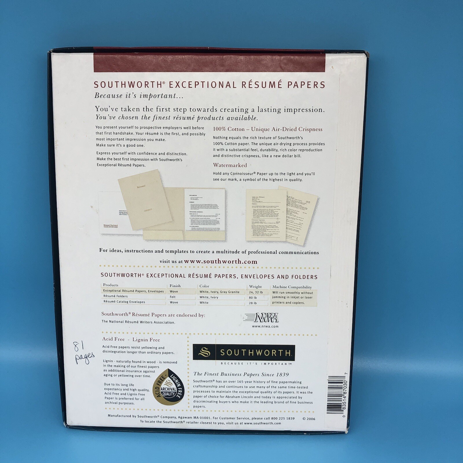 Southworth 100% Cotton Exceptional Resume Paper 24 lb 8-1/2 x 11 81 Sheets Ivory