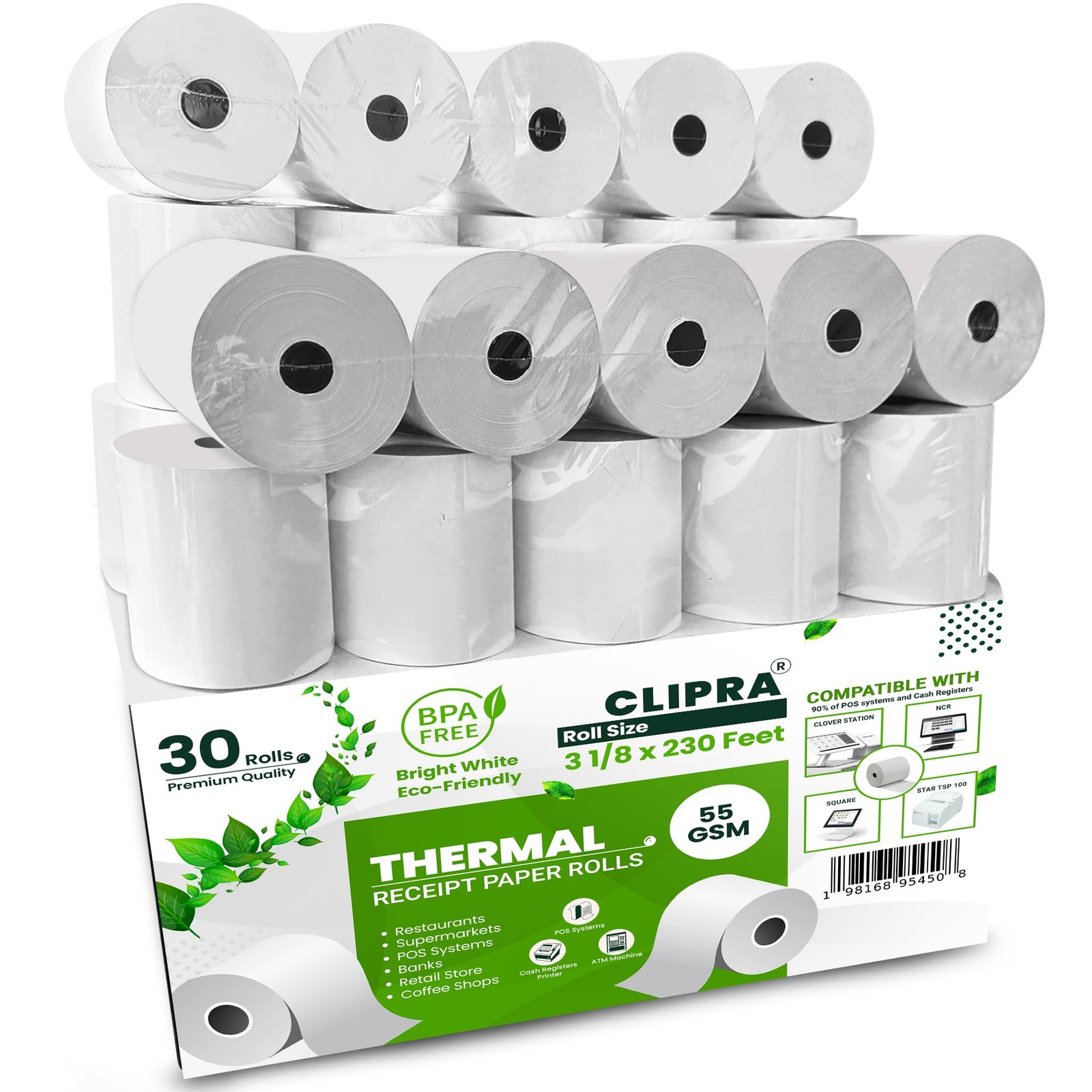 3 1/8 x 230ft Thermal Paper Receipt 3 1/8″ x 230′ Thermal-30 Rolls, White