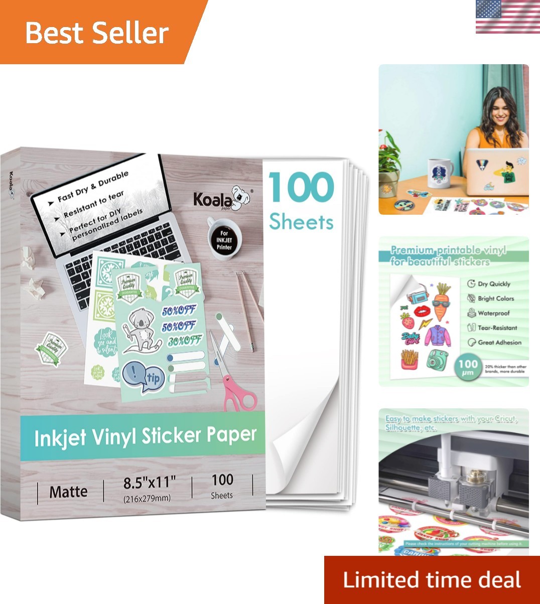 Koala Printable Vinyl Sticker Paper for Inkjet Printer – 100 Sheets Sticker P…