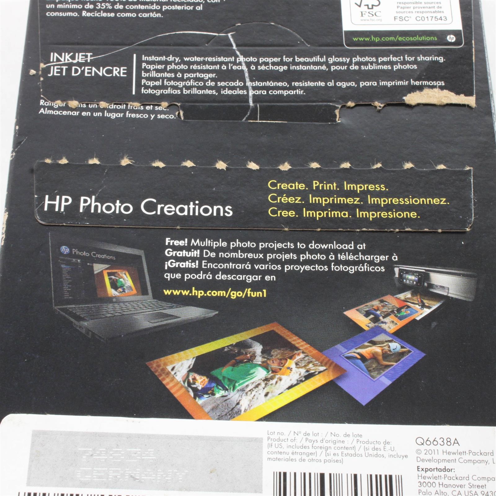 Hp Advanced Photo Paper Glossy Hewlett Packard (Q6638A) 4 x 6, Used 65ct