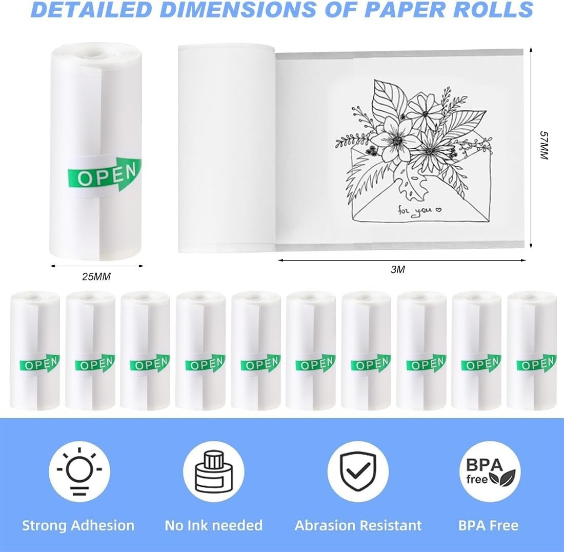 10 Rolls Mini Thermal Printer Sticker Paper 57 x 25mm Self-Adhesive Mini Printer
