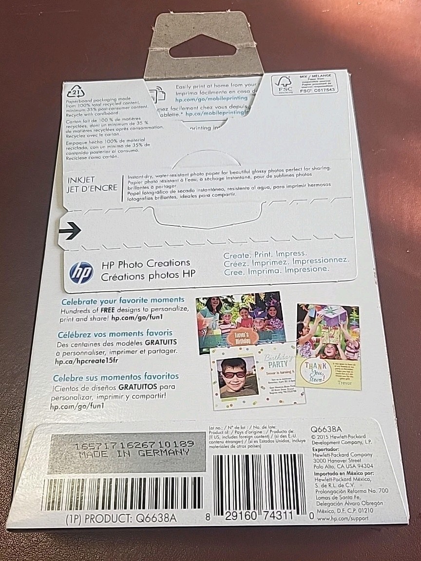 HP Genuine Everyday Photo Paper 100 Sheets 4×6 Glossy Sealed Creations NEW