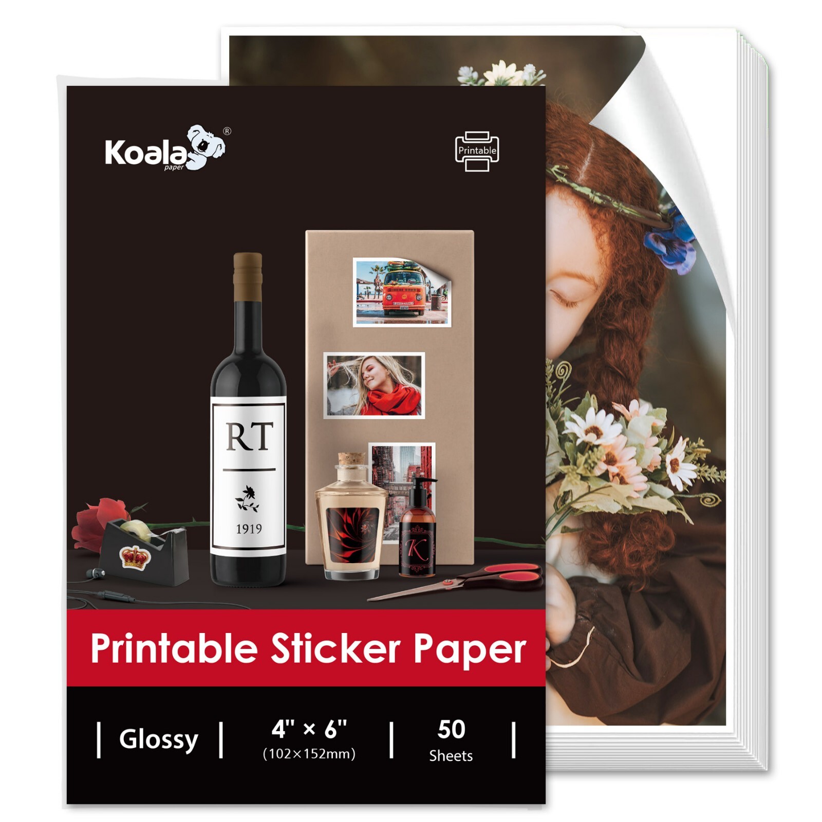 Koala Glossy Sticker Paper 4X6 Adhesive Photo Paper for Inkjet + Laser Printers