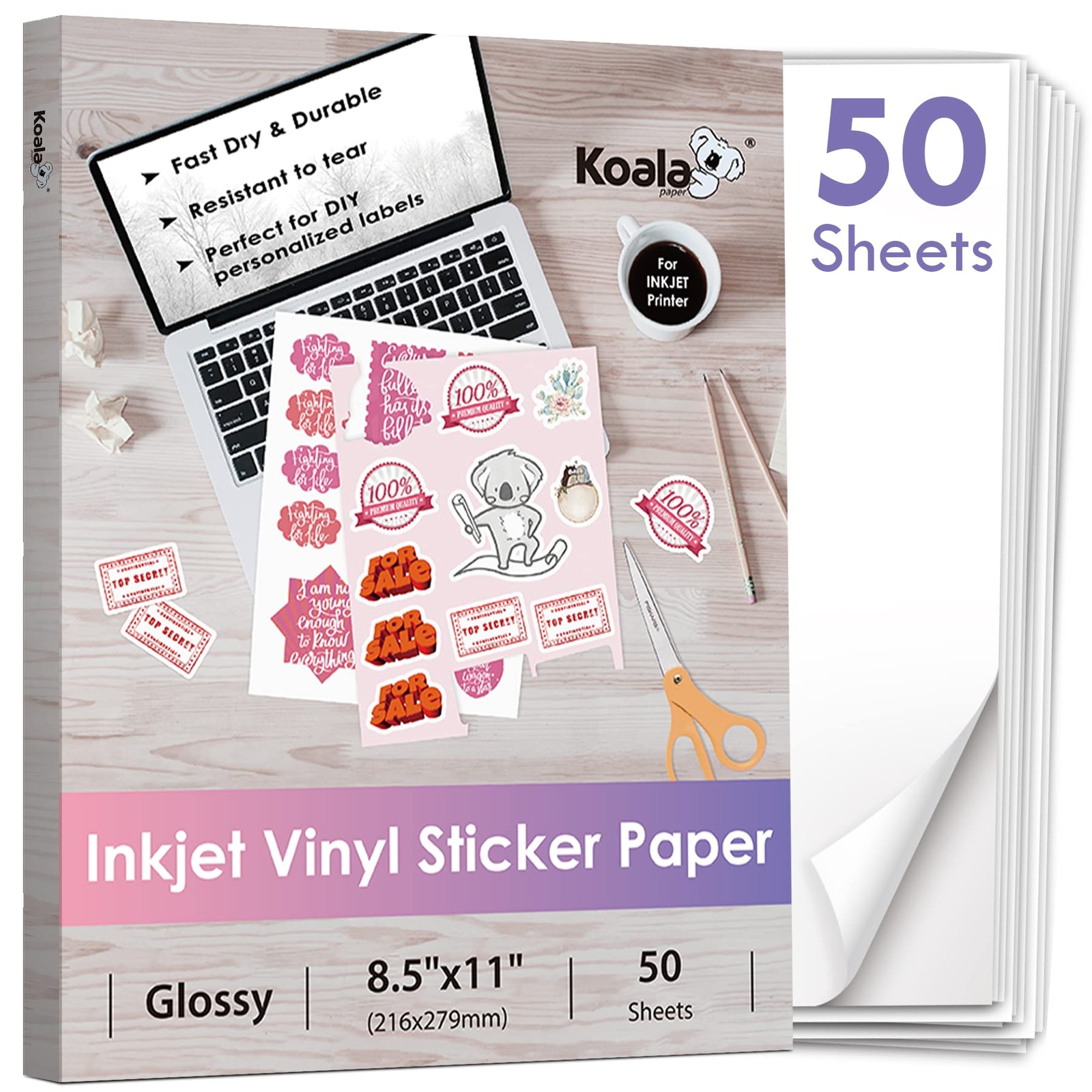 Koala Printable Vinyl Sticker Paper for Inkjet Printer – 50 Sheets White Glos…