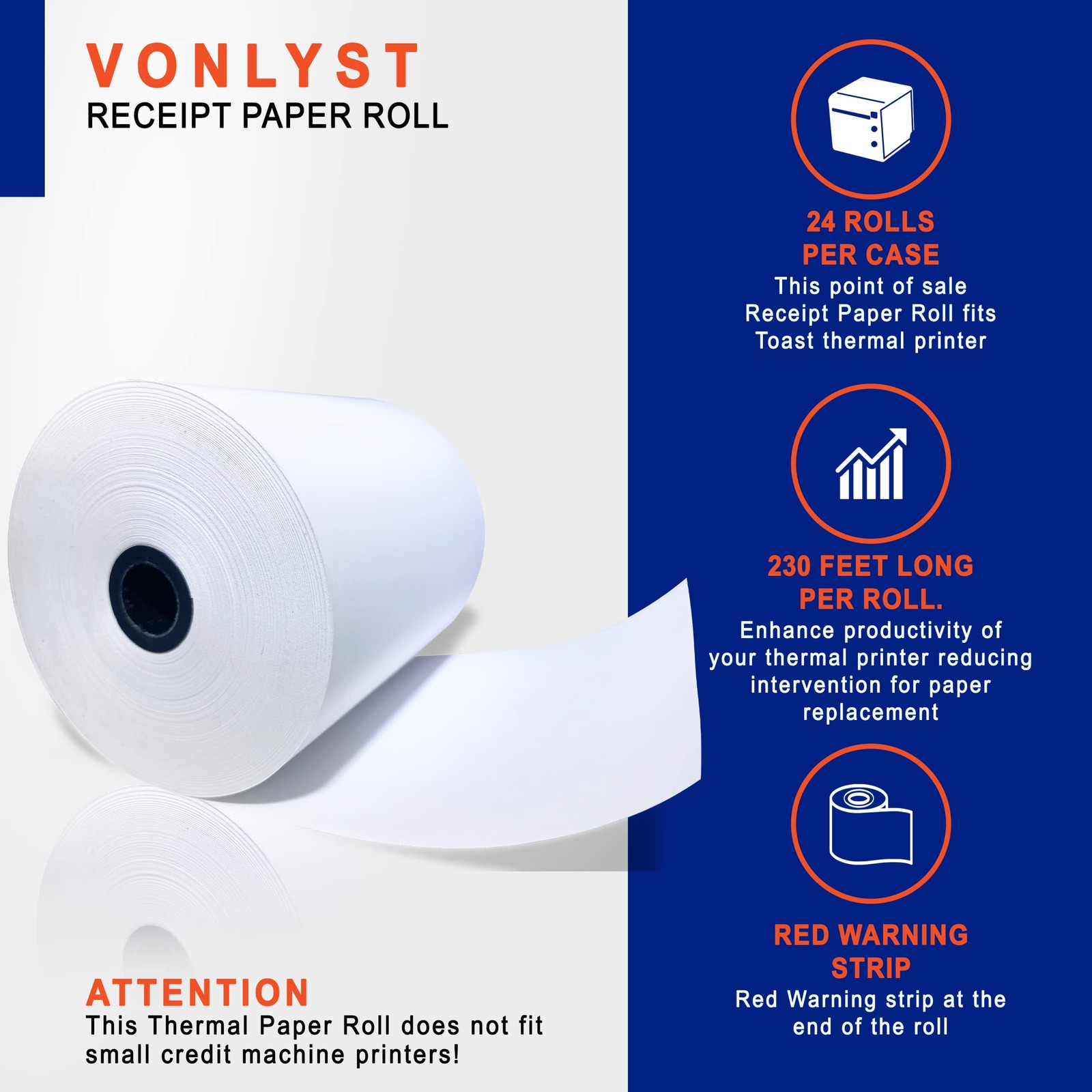Vonlyst Thermal Paper Roll 3 1/8 inch x 230 feet, White Black Image