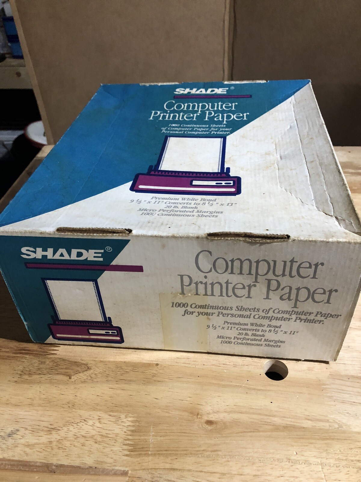 NOS BOX OF VINTAGE SHADE COMPUTER PRINTER PAPER – CONTINUOUS SHEETS