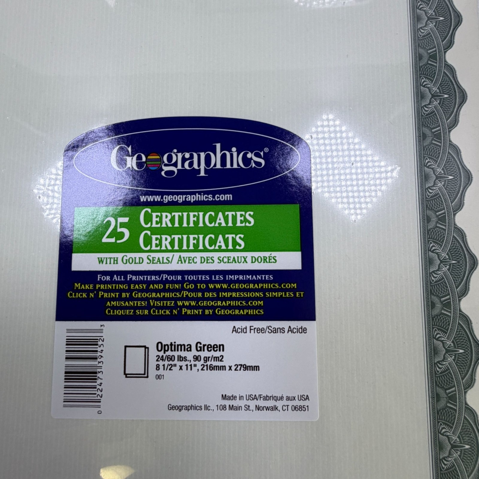 Geographics Certificates Lot of 5 Packs Optima Green + Gold Seals 25 Each Pack