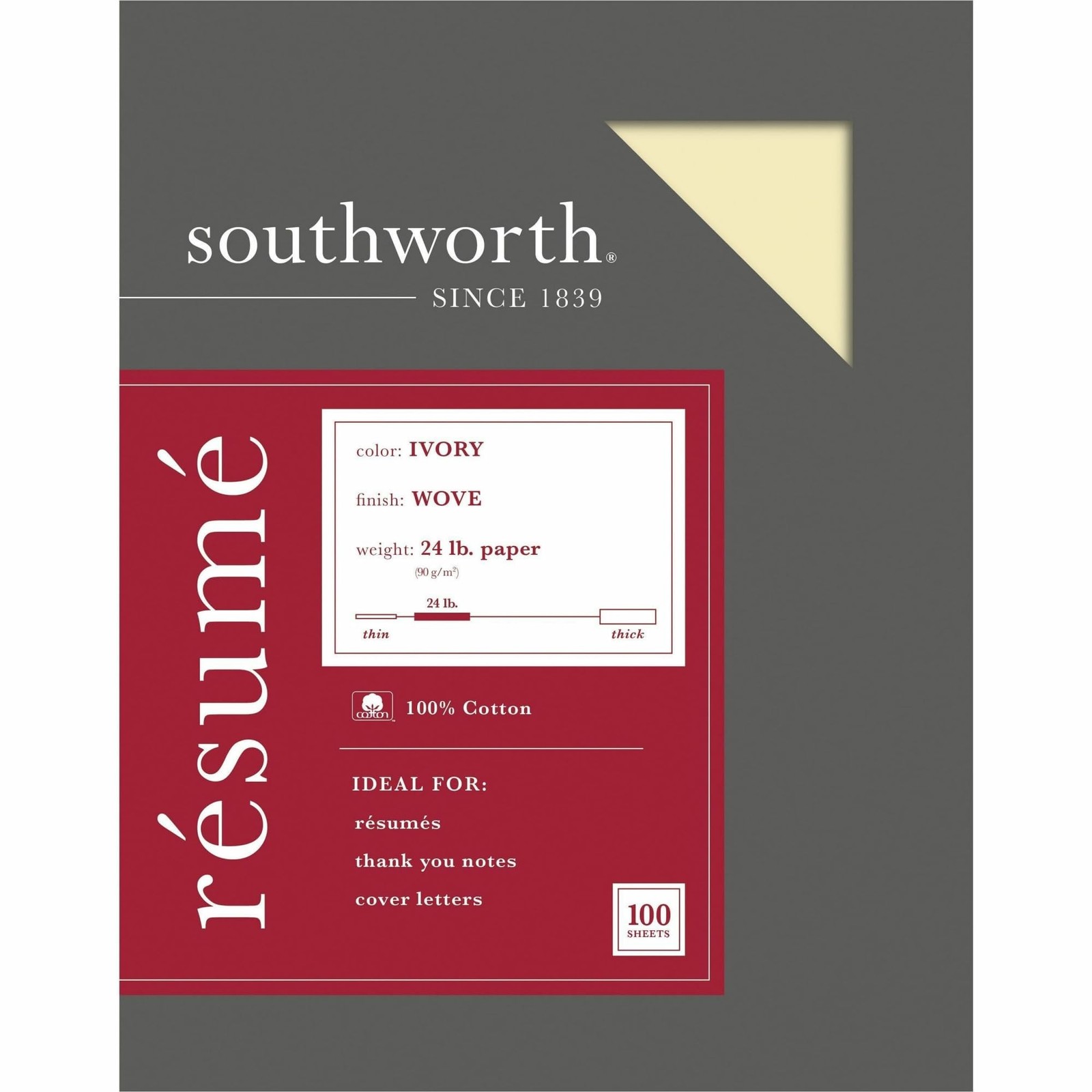 Southworth® 100% Cotton Résumé Paper, 8 1/2″ x 11″, 24 Lb, 100% Recycled, Ivo…