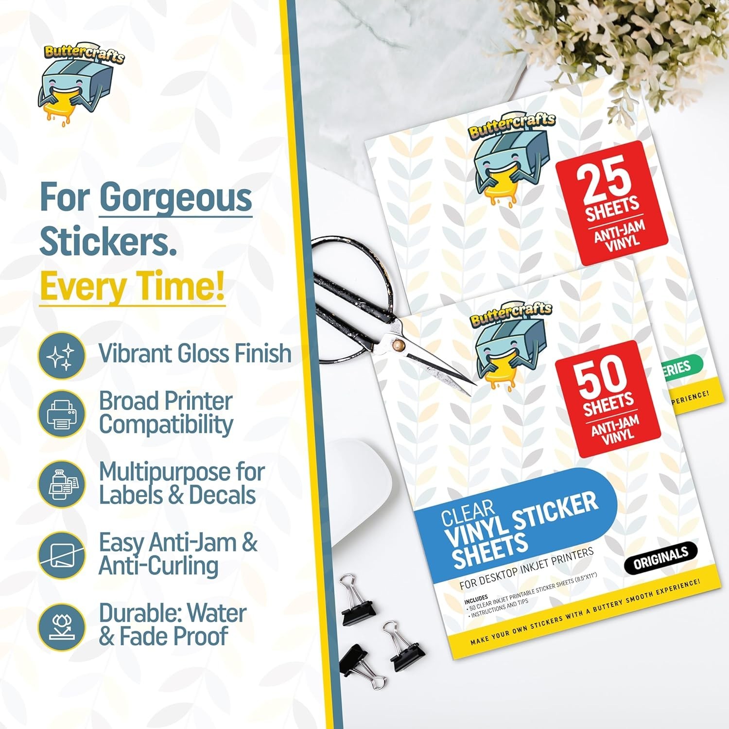 Clear Printable Vinyl Sticker Paper Waterproof 25 Sheets 8.5″x11″, Inkjet Pri…