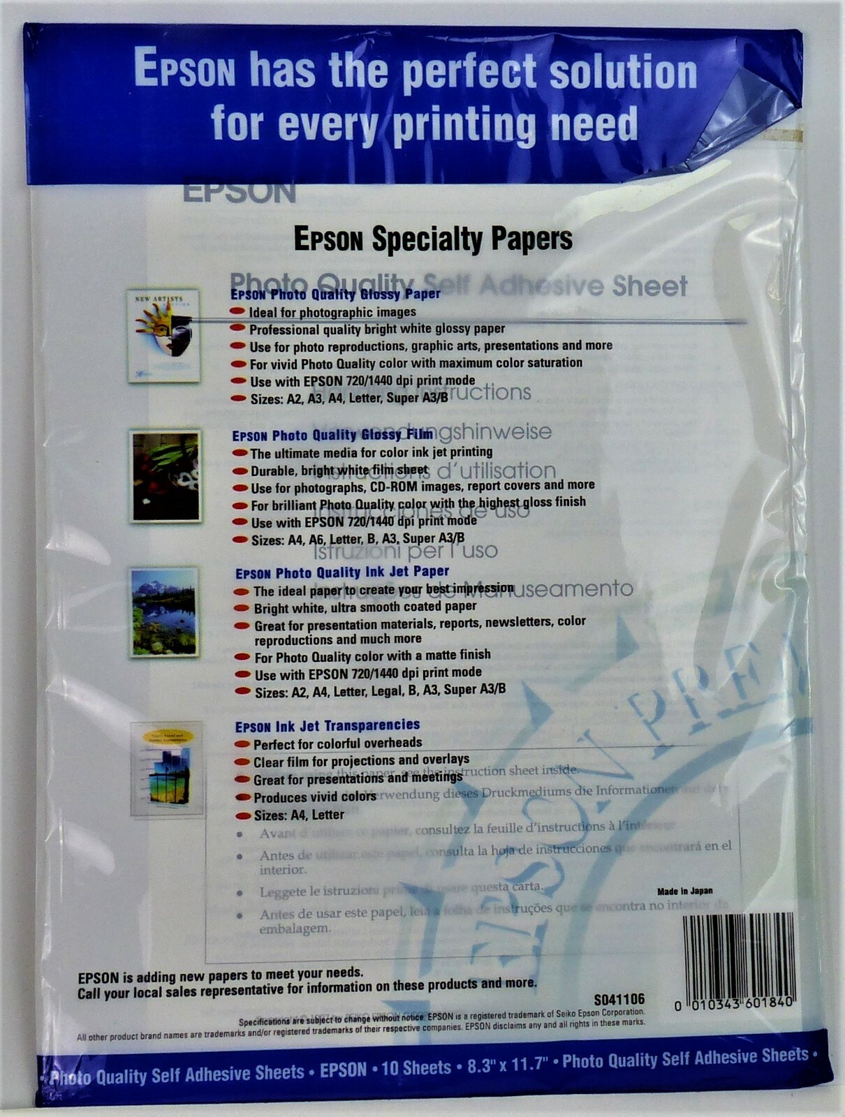 Epson Photo Quality Self Adhesive Sheets 8.3″ x 11.7″ 10 Sheets S041106 – NEW