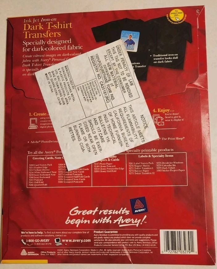 Avery Printable T-Shirt Iron-On Transfers Dark Fabrics Inkjet NEW