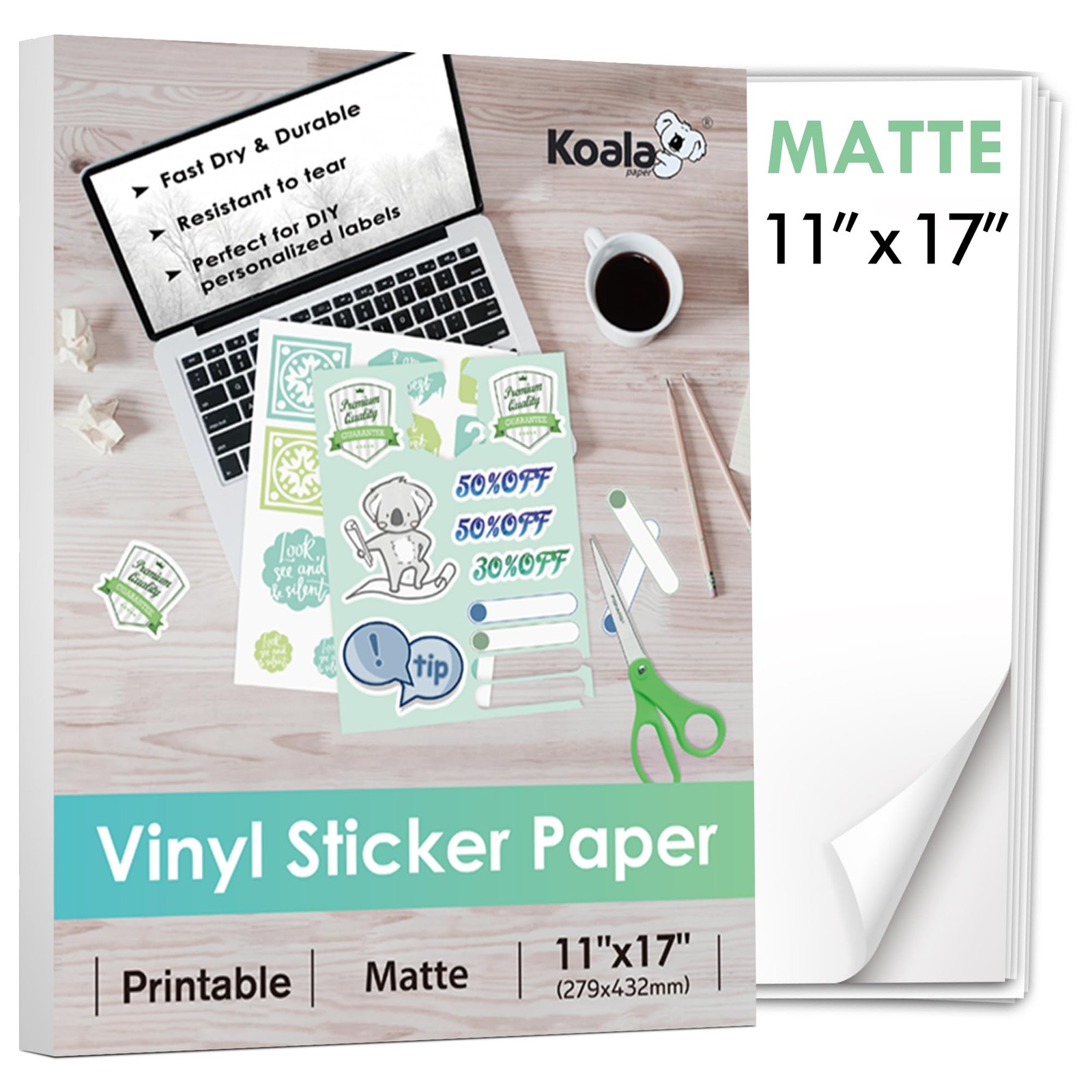 Koala Printable Vinyl Sticker Paper for Inkjet Printer 11×17 Inch – 10 Sheets…