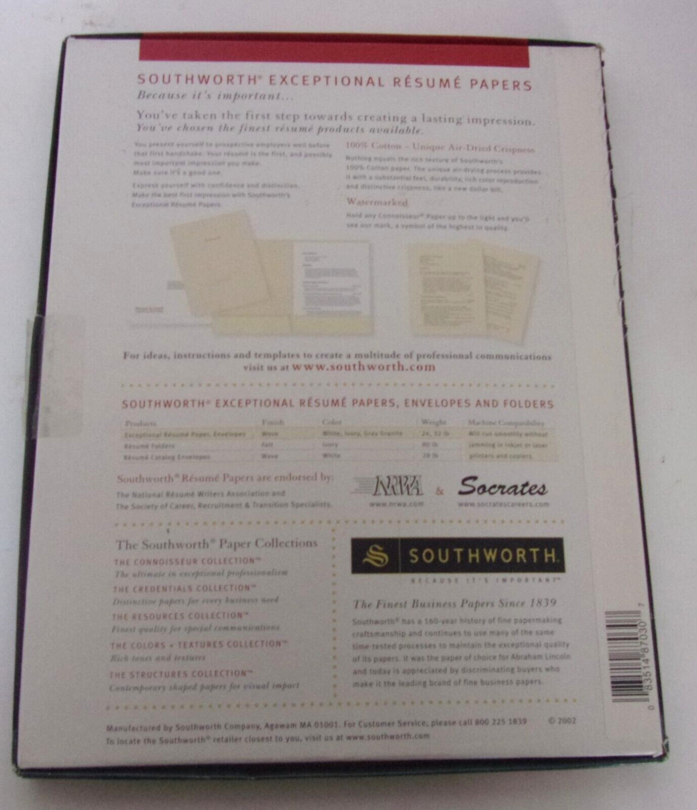 Southworth 100% Cotton Resume Paper IVORY 24 lbs 8-1/2 x 11 Wove 100/Box
