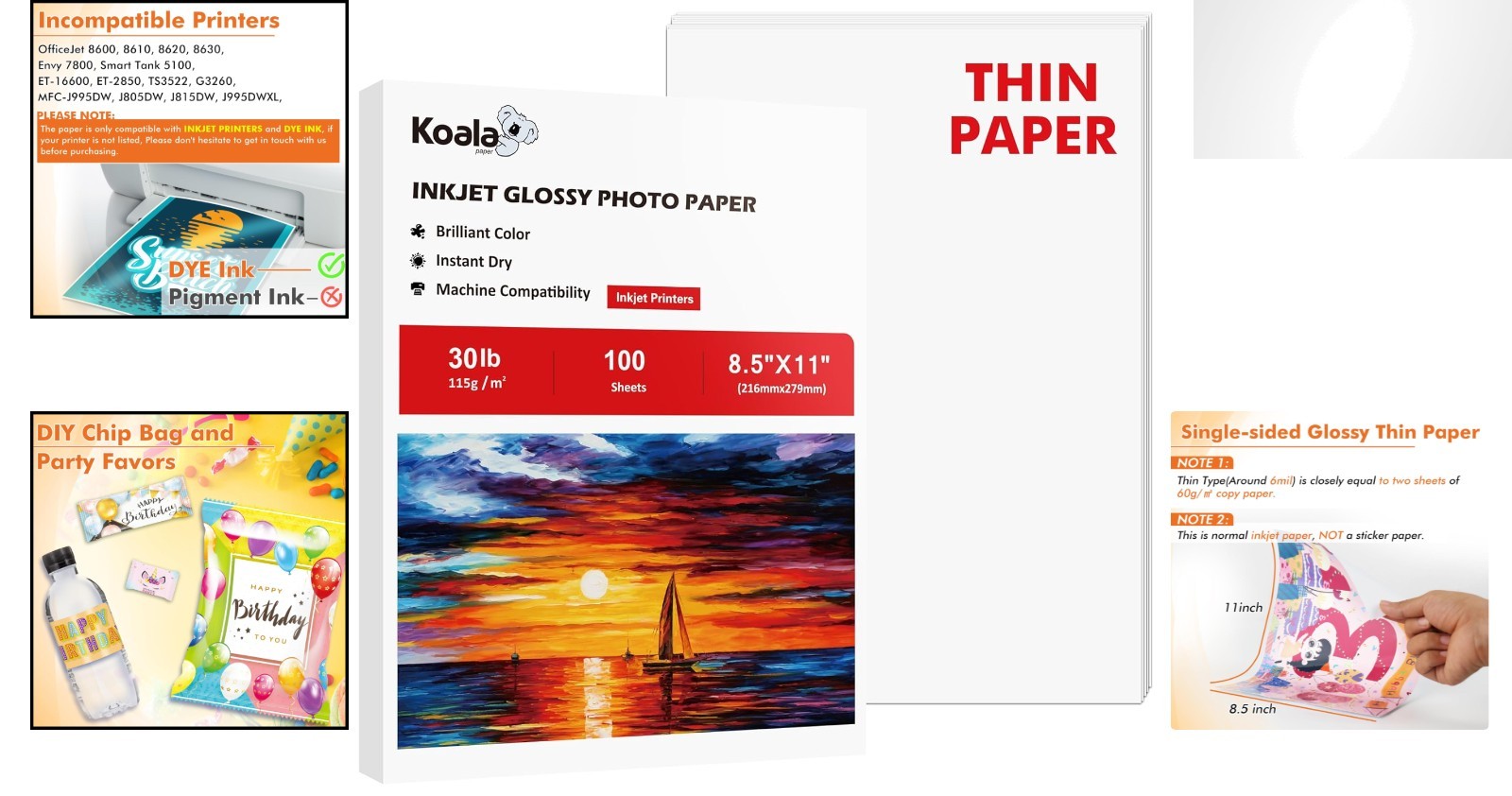 Koala 8.5×11 Glossy Inkjet Paper – 100 Sheets, Fast Dry, Perfect for Crafts