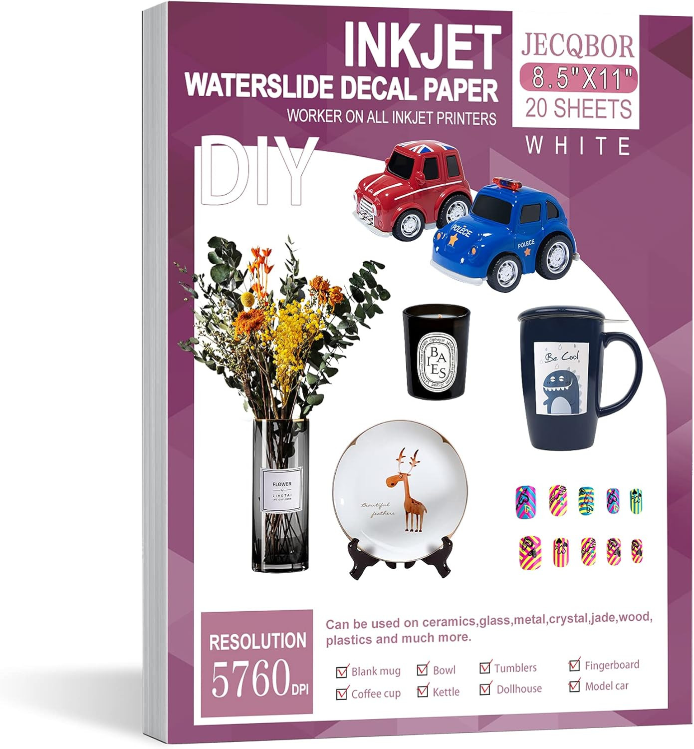 20 Sheets Waterslide Decal Paper INKJET WHITE for Dark and Light Colors, 8.5X11