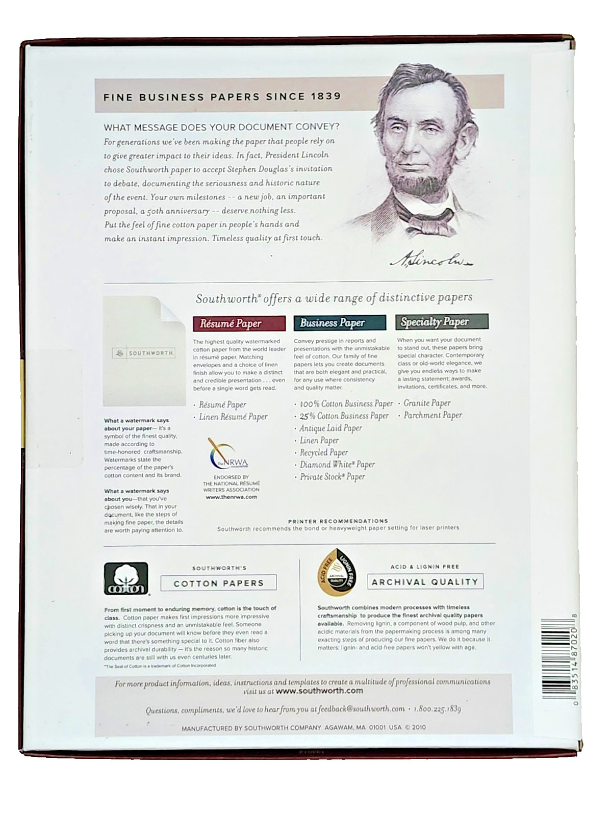SOUTHWORTH Resume / Cover Letter Paper 100% COTTON 24 lbs WHITE (8 1/2 x 11)