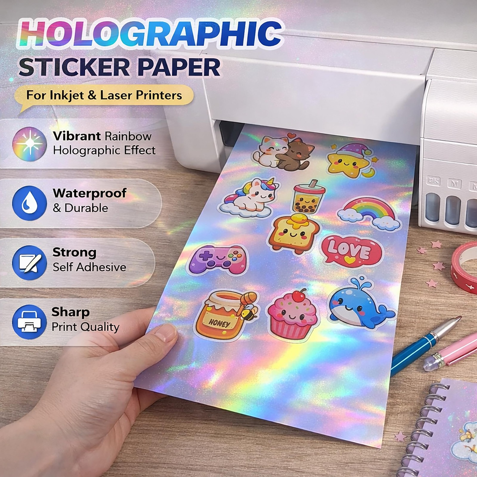 20 Sheets Holographic Sticker Paper 8.5×11 inch Printable Waterproof Stickers…