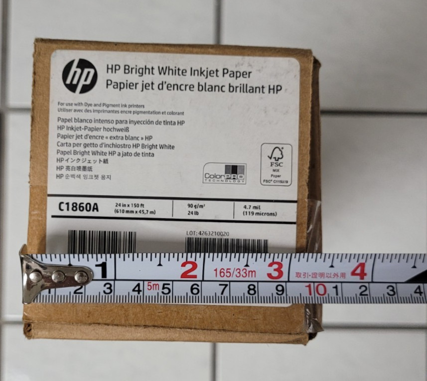 (1) HP C1860A Bright White Inkjet Paper 24″ X 150′ – 1 Roll 7lb