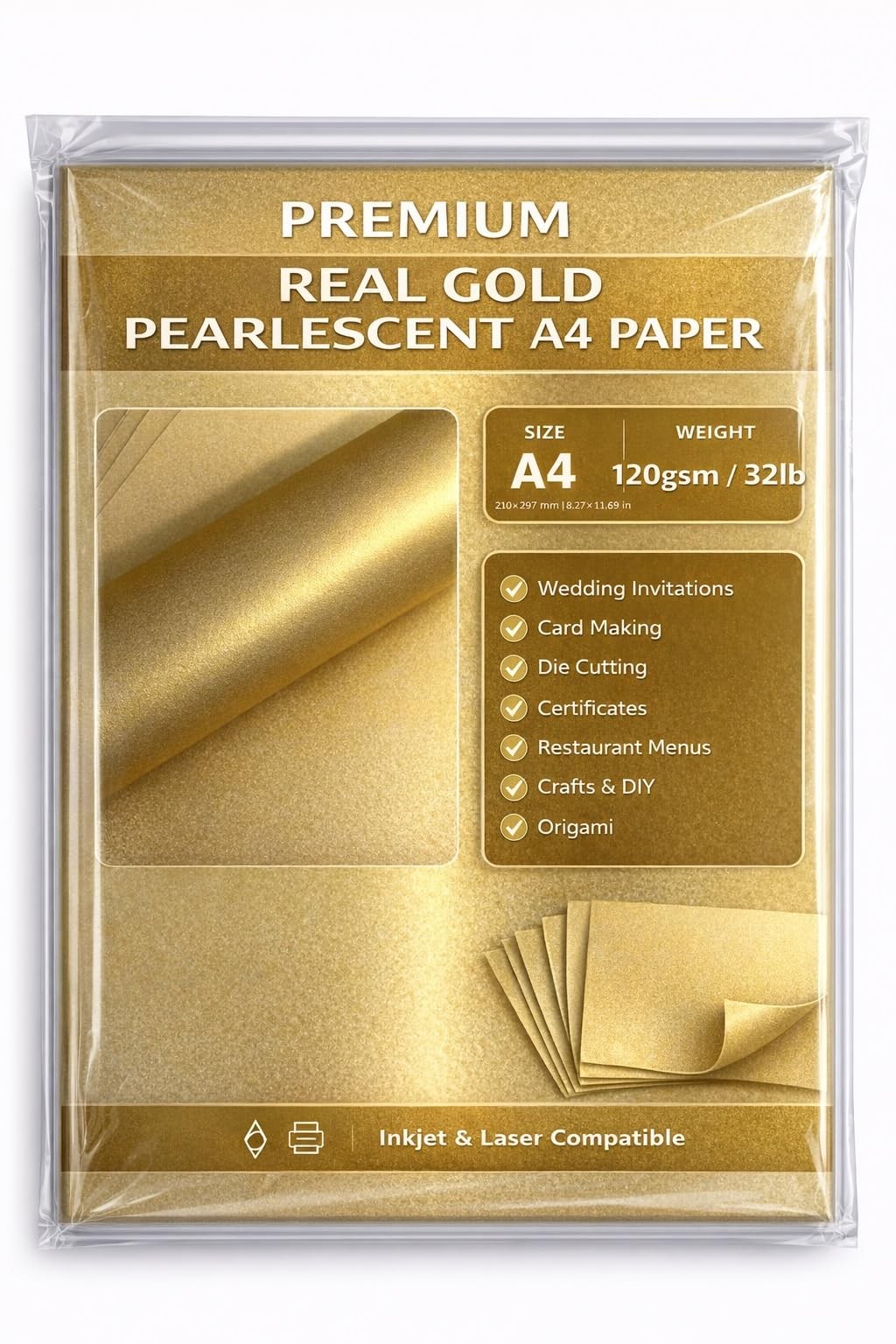 Metallic Gold Paper A4 120gsm Double-Sided, 20 Sheets, Origami